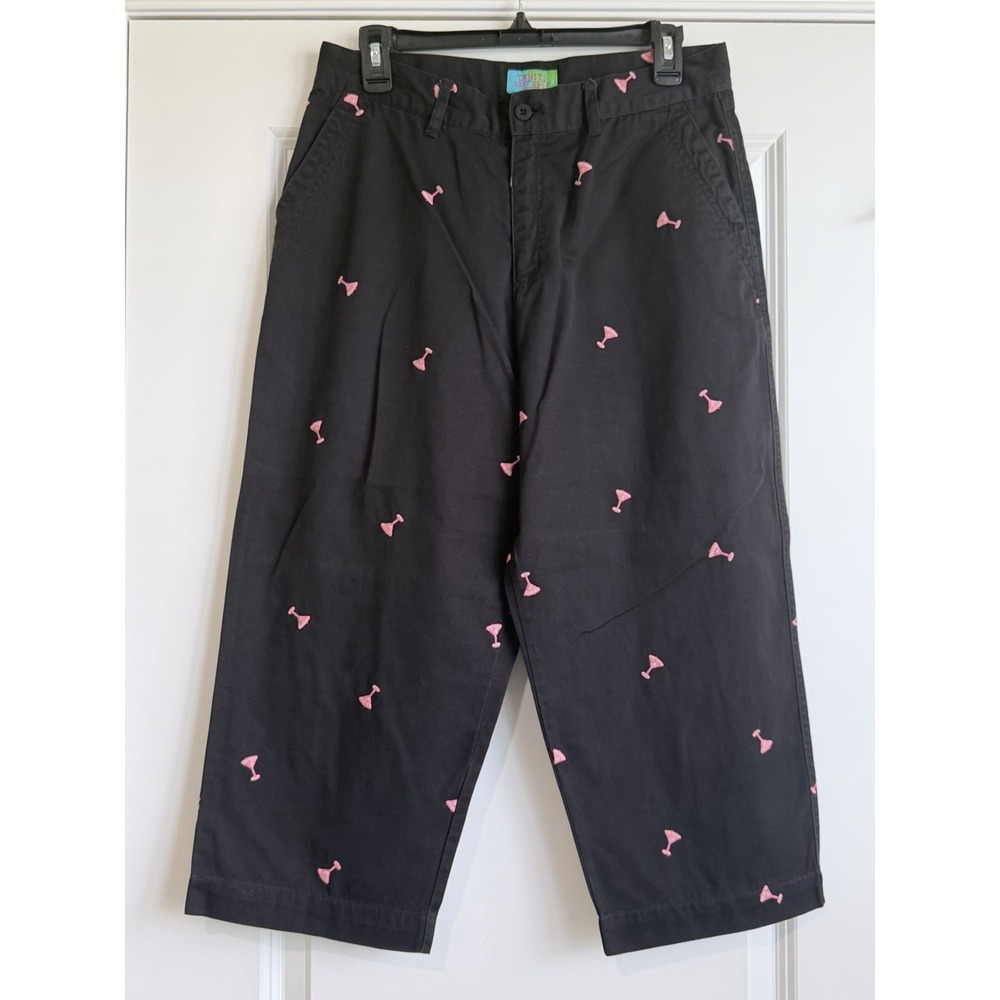 Tahiti Reef Club Petite Women's Black Capri Pants Pink Martini Glass Size 10P
